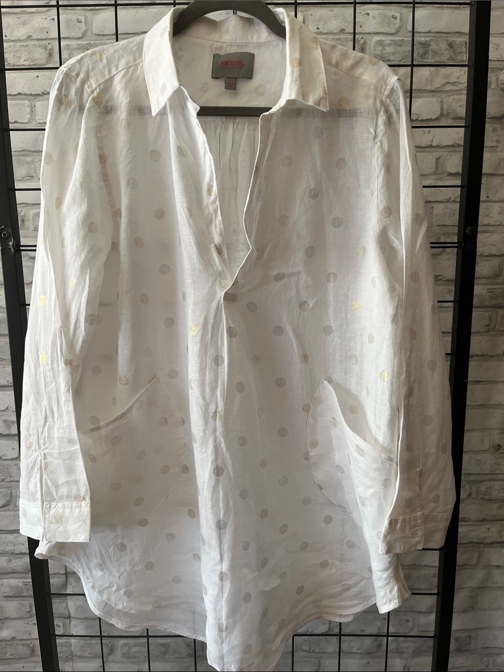 White Sheer Polka long Dot Tunic Shirt beach cover up pockets button front